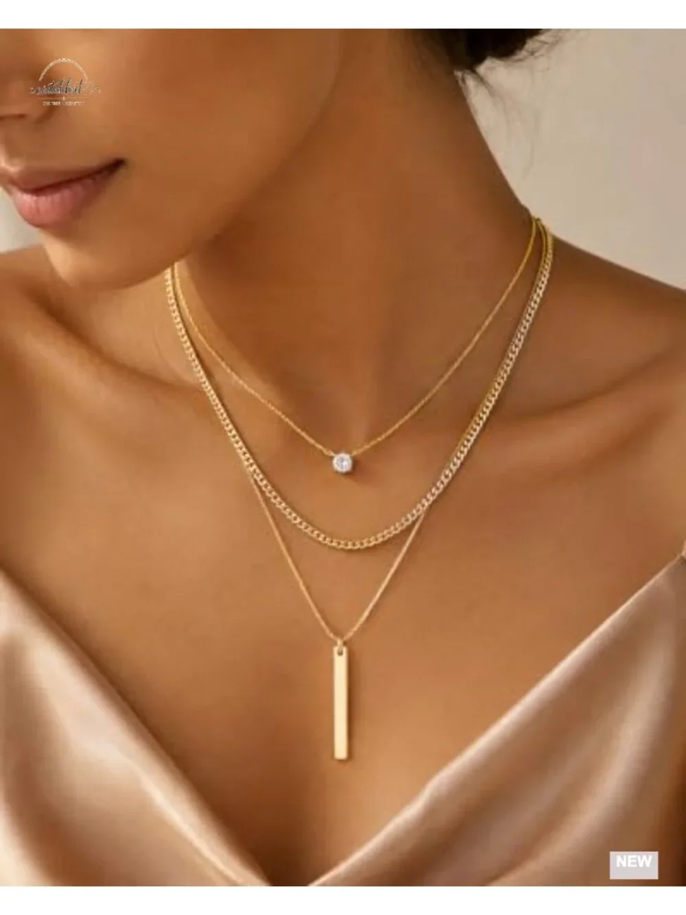 14K Gold Plated Layered Necklace Set - 3 Chain Stackable Pendant Necklace